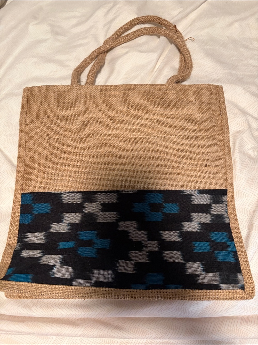 Natural Jute Tote Bag with Teal and Gray Pattern